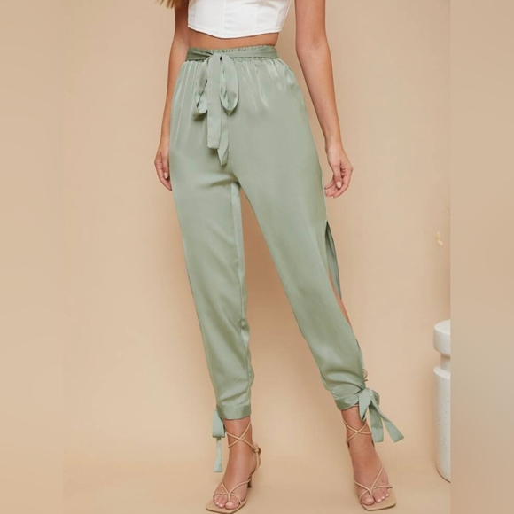 SHEIN Sage Green Satin Knotted Side Belted Pants - Size XL 🌿 - Picture 8 of 12